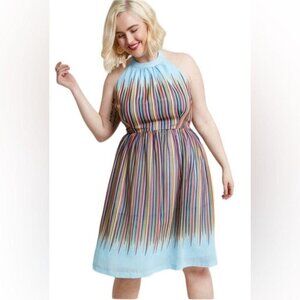 ModCloth Size Small Blue Rainbow Satin Fit & Flare Dress Pockets Lined